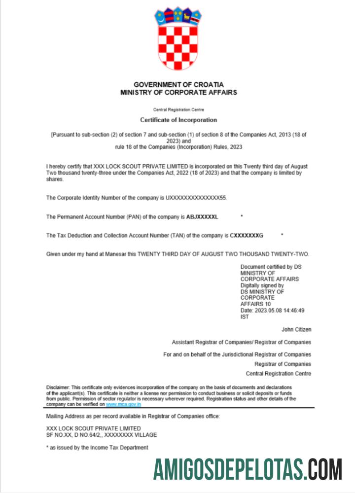 Certificado de registro realista da Croácia modelo Word e PDF